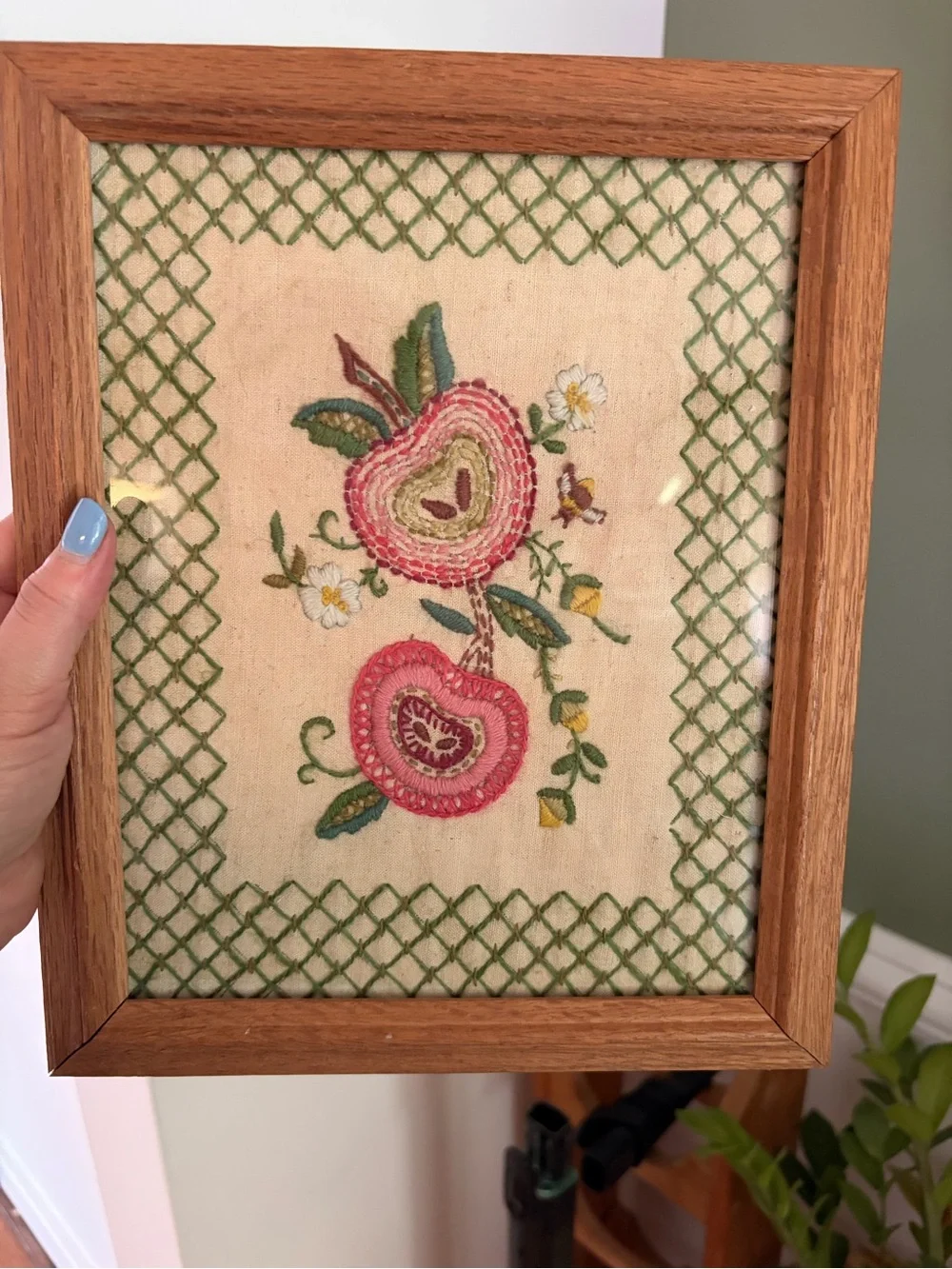 Handcrafted Floral Needlepoint Wall Art Pair - Oak Frames, Green and Pink